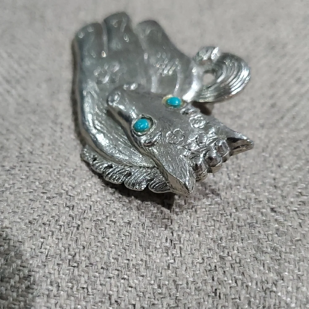 Vintage Silver Tone Horse Pony Brooch with Blue Eyes And Flower Accents Western
